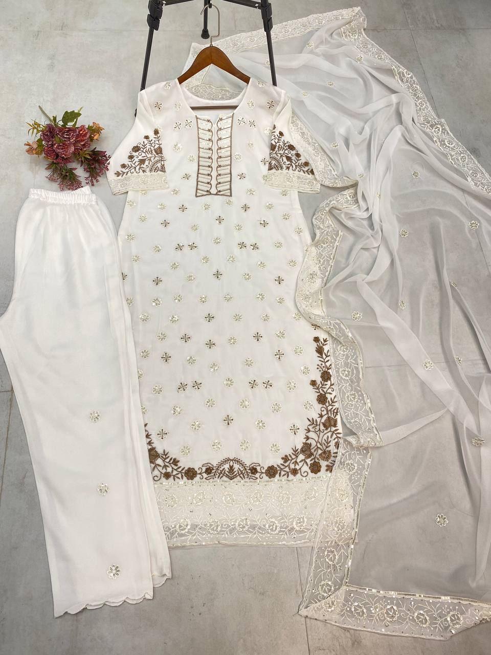 White kurta pant with dupatta sets,Elegant Ready to Wear Outfit Set