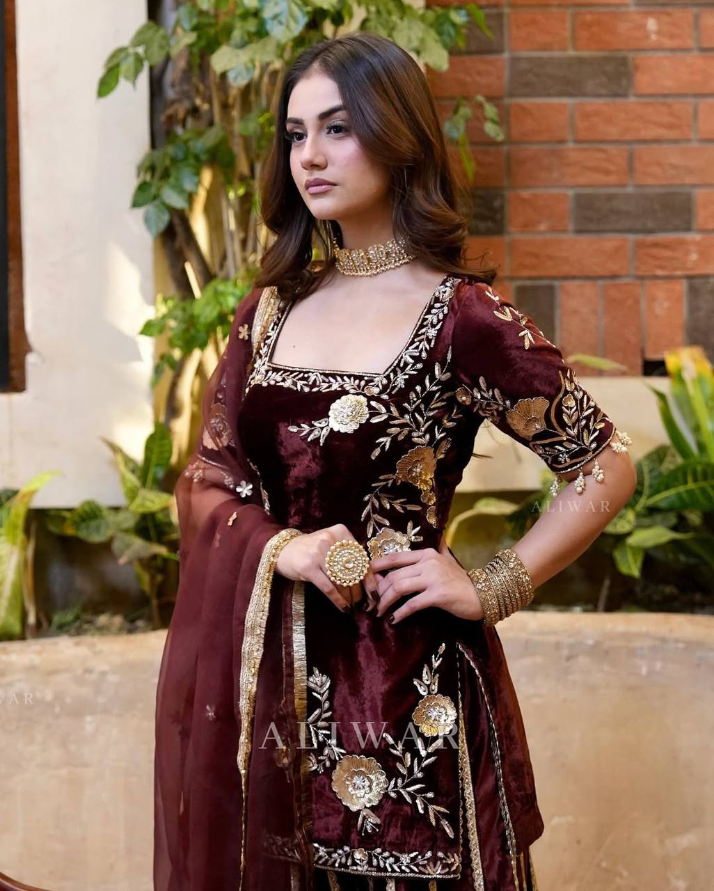 Viscose velvet hand embroidered kurta sharara with dupatta sets
