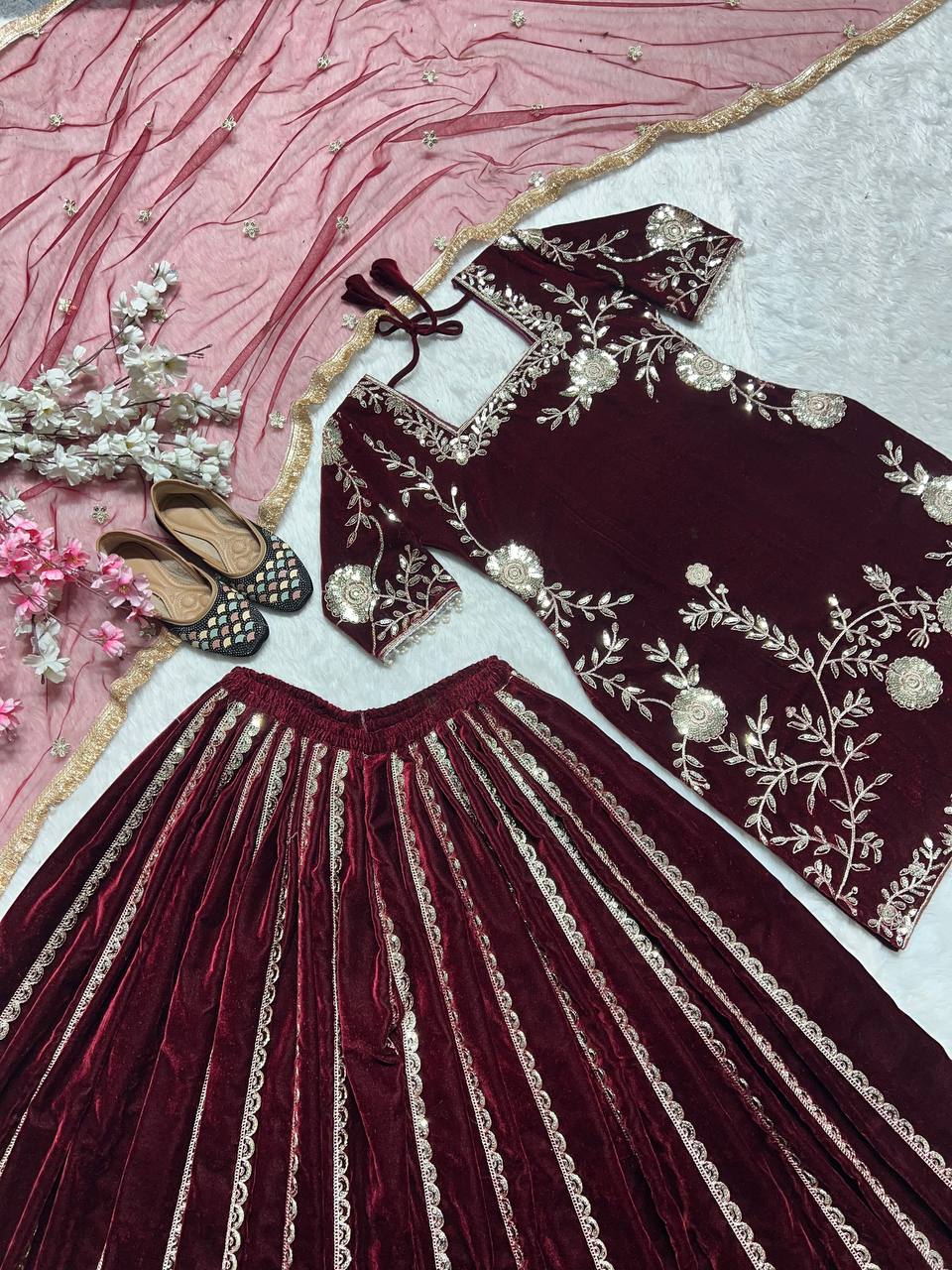 Viscose velvet hand embroidered kurta sharara with dupatta sets
