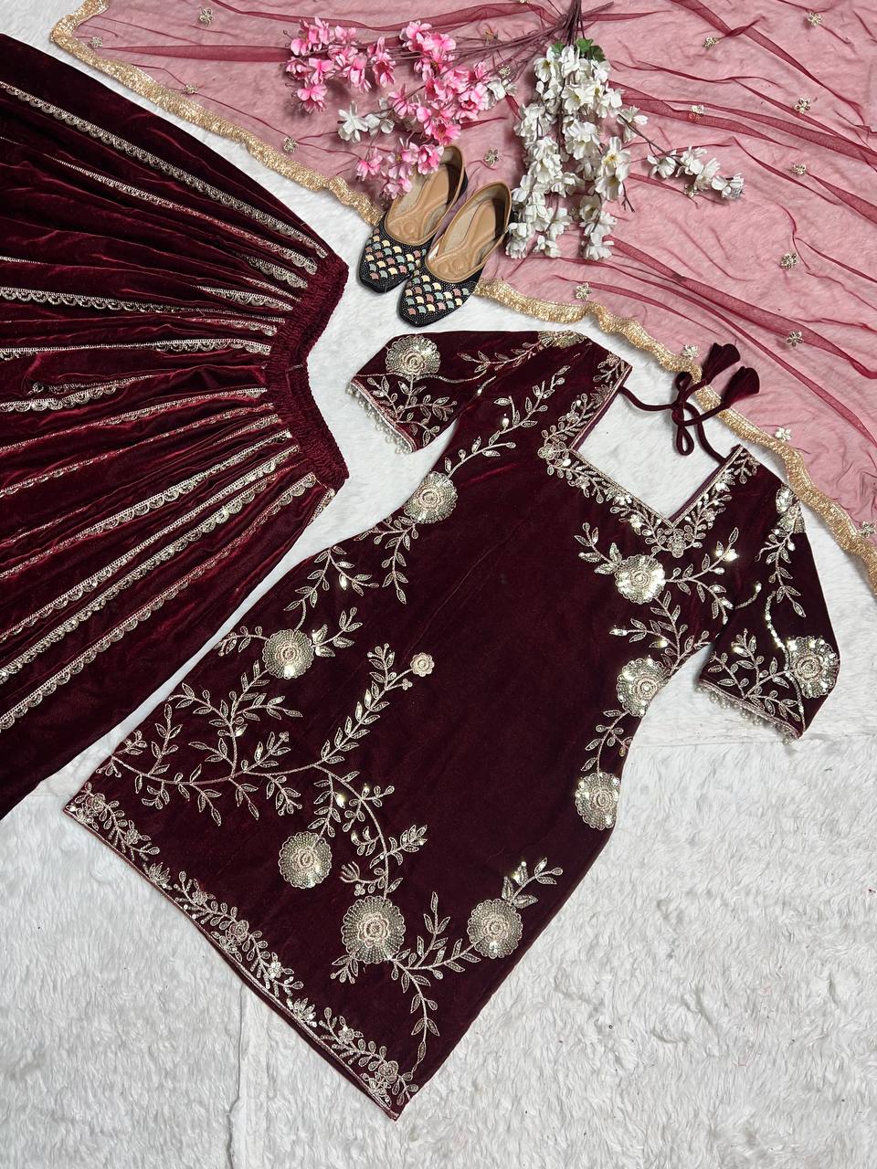Viscose velvet hand embroidered kurta sharara with dupatta sets
