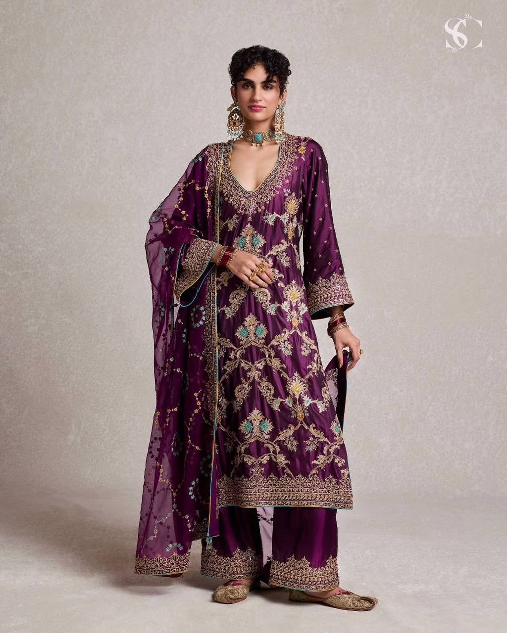 Wedding wear chinnon silk kurta palazzo sets