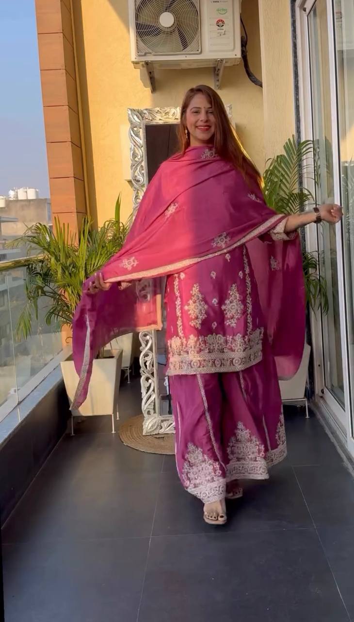 Women's designer heavy chinnon silk hand embroidered kurta palazzo with dupatta sets