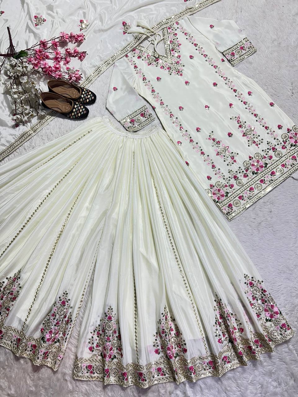 Women's designer heavy chinnon silk hand embroidered kurta palazzo with dupatta sets