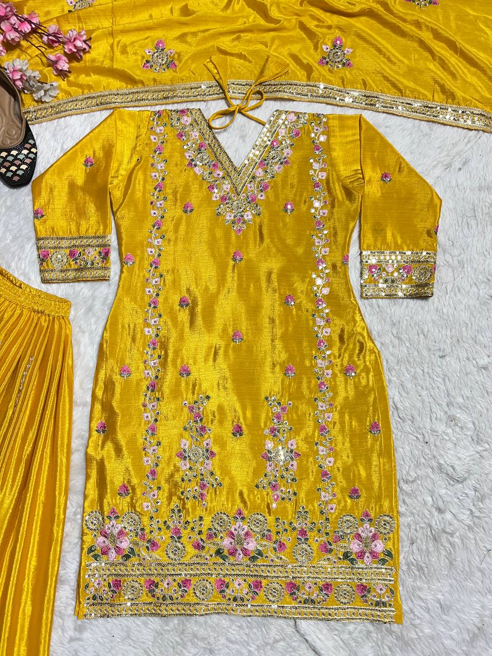 Women's designer heavy chinnon silk hand embroidered kurta palazzo with dupatta sets