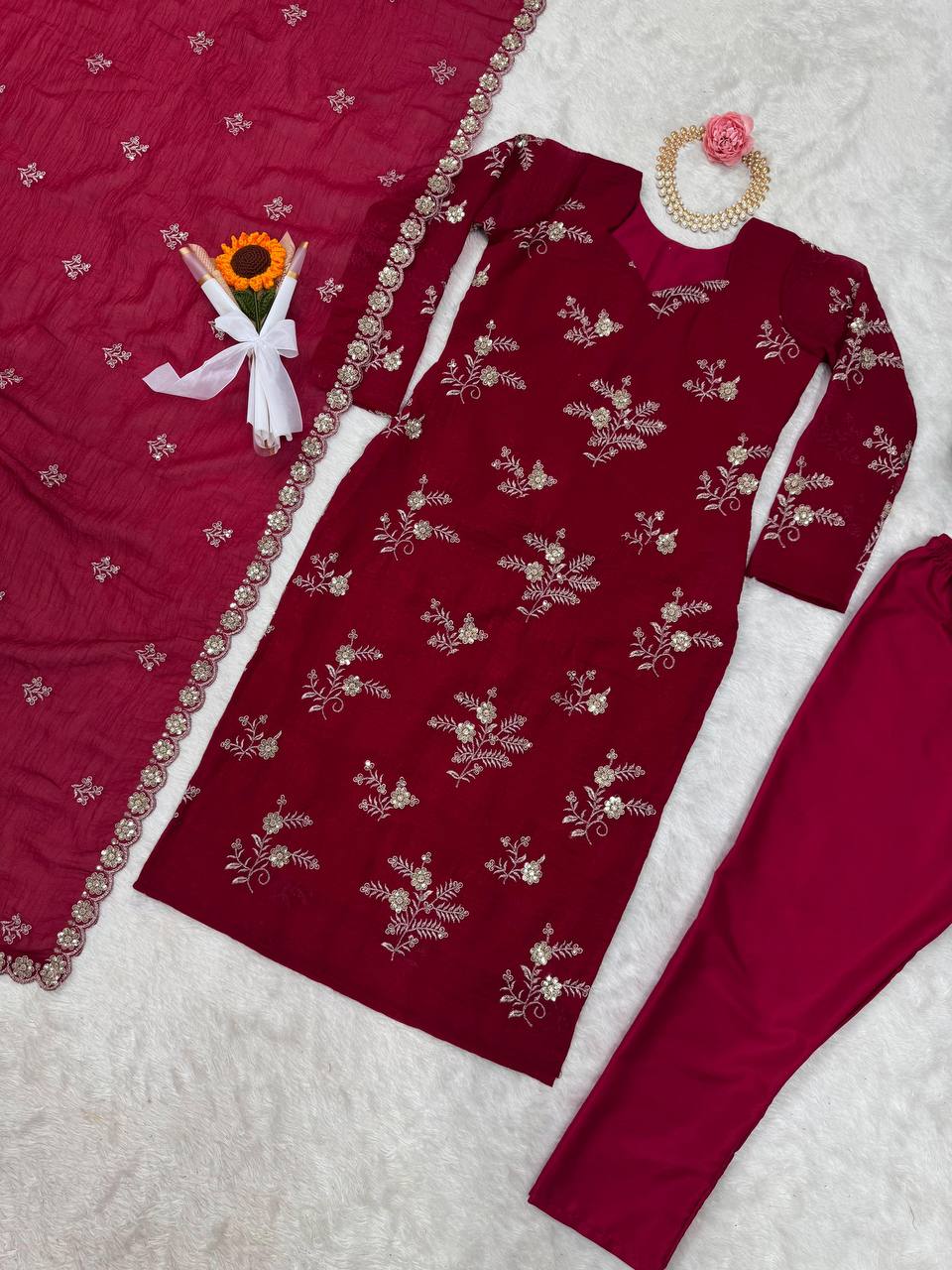 Women's designer  Crunchy Silk thread and handwork kurta sets