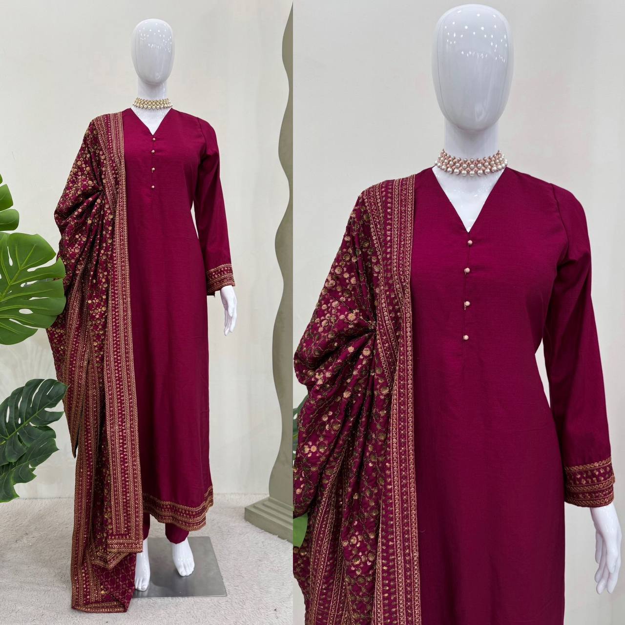 Solid Monsoon silk kurta pant with heavy thread work dupatta sets