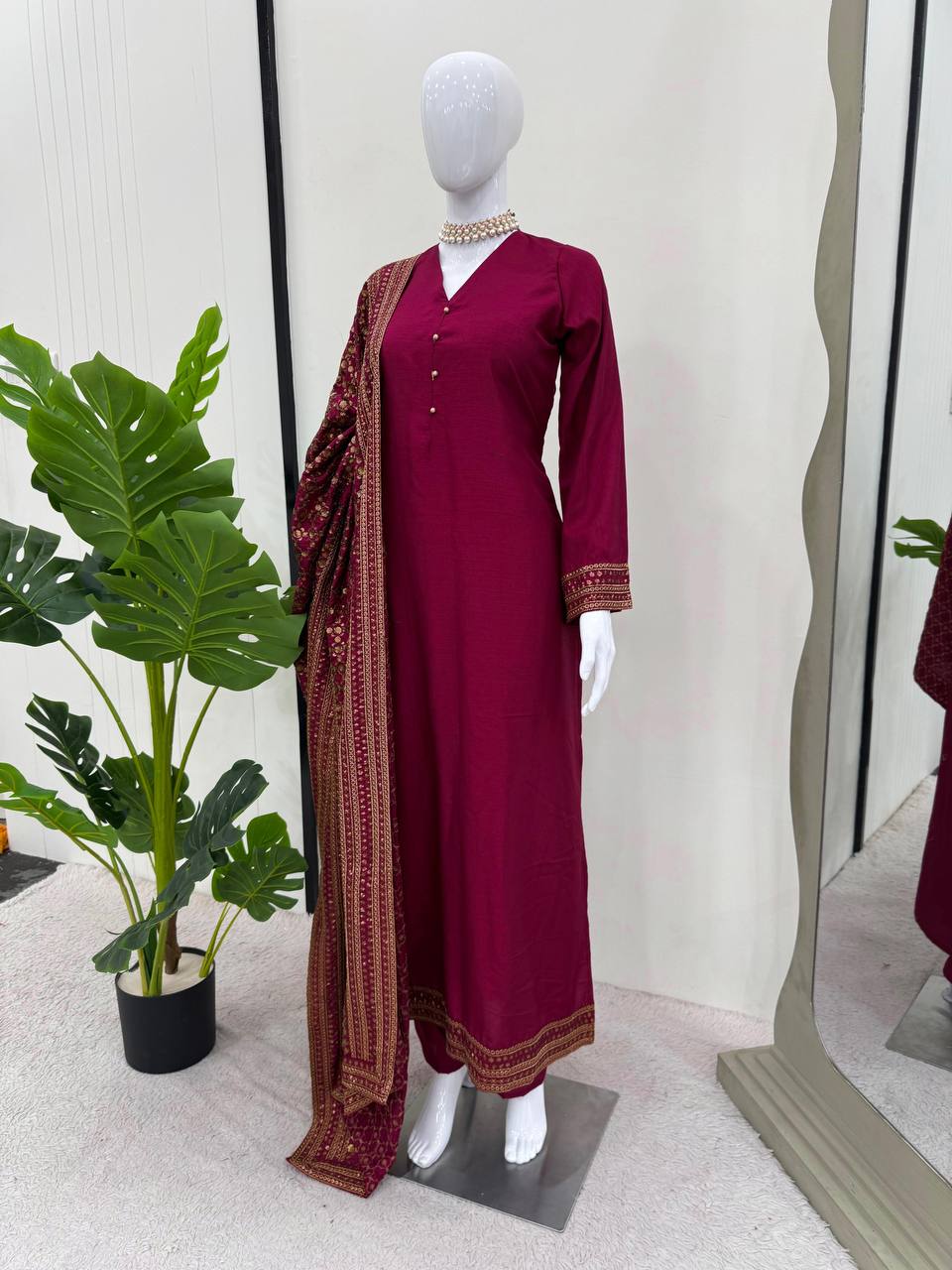 Solid Monsoon silk kurta pant with heavy thread work dupatta sets