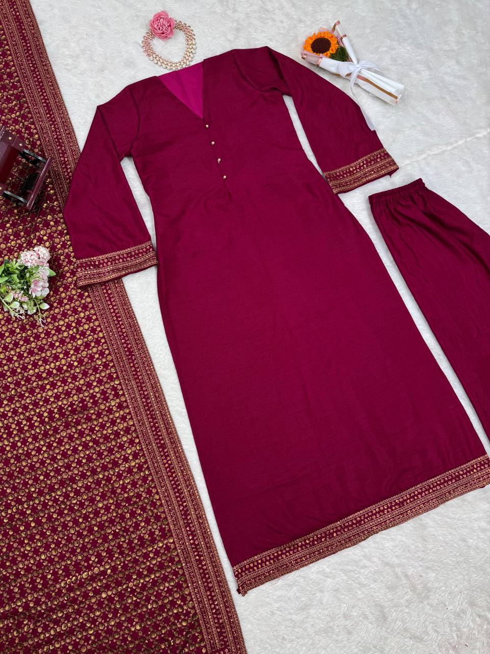 Solid Monsoon silk kurta pant with heavy thread work dupatta sets