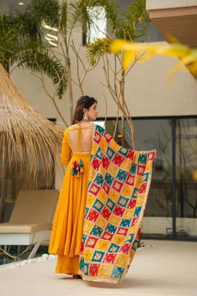 Women's designer chinnon silk gown palazzo with georgette digital print dupatta sets