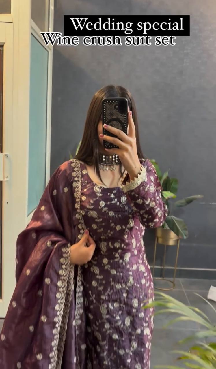 Wine silk kurta set for women,3pc suit