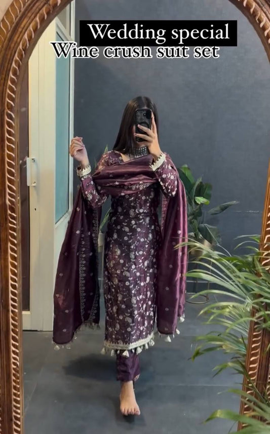 Wine silk kurta set for women,3pc suit