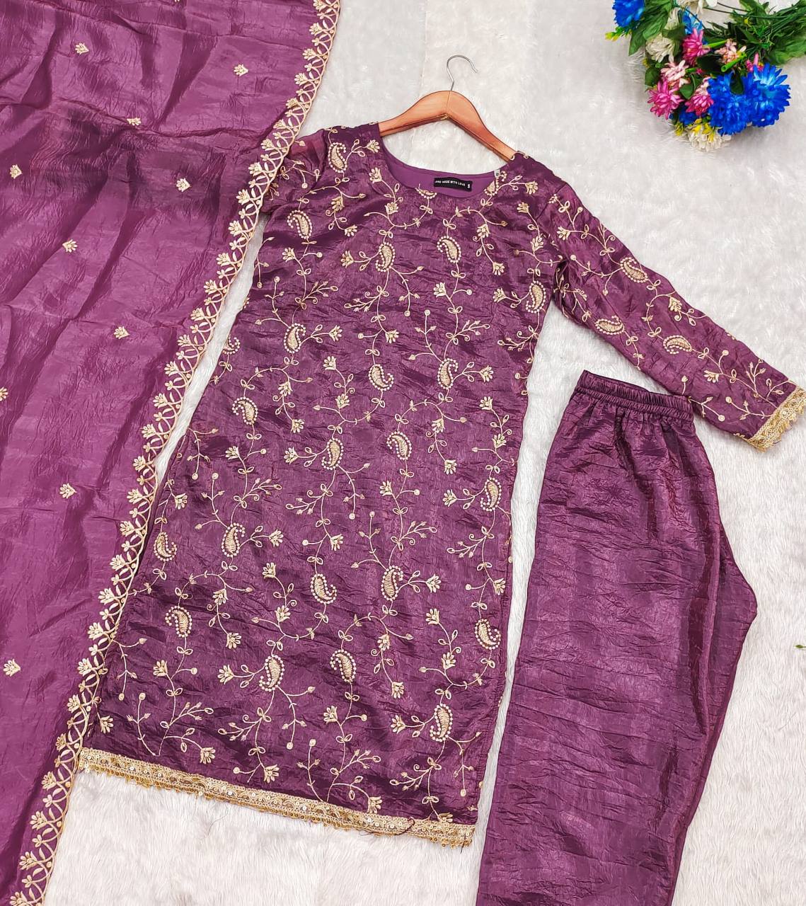Wine silk kurta set for women,3pc suit