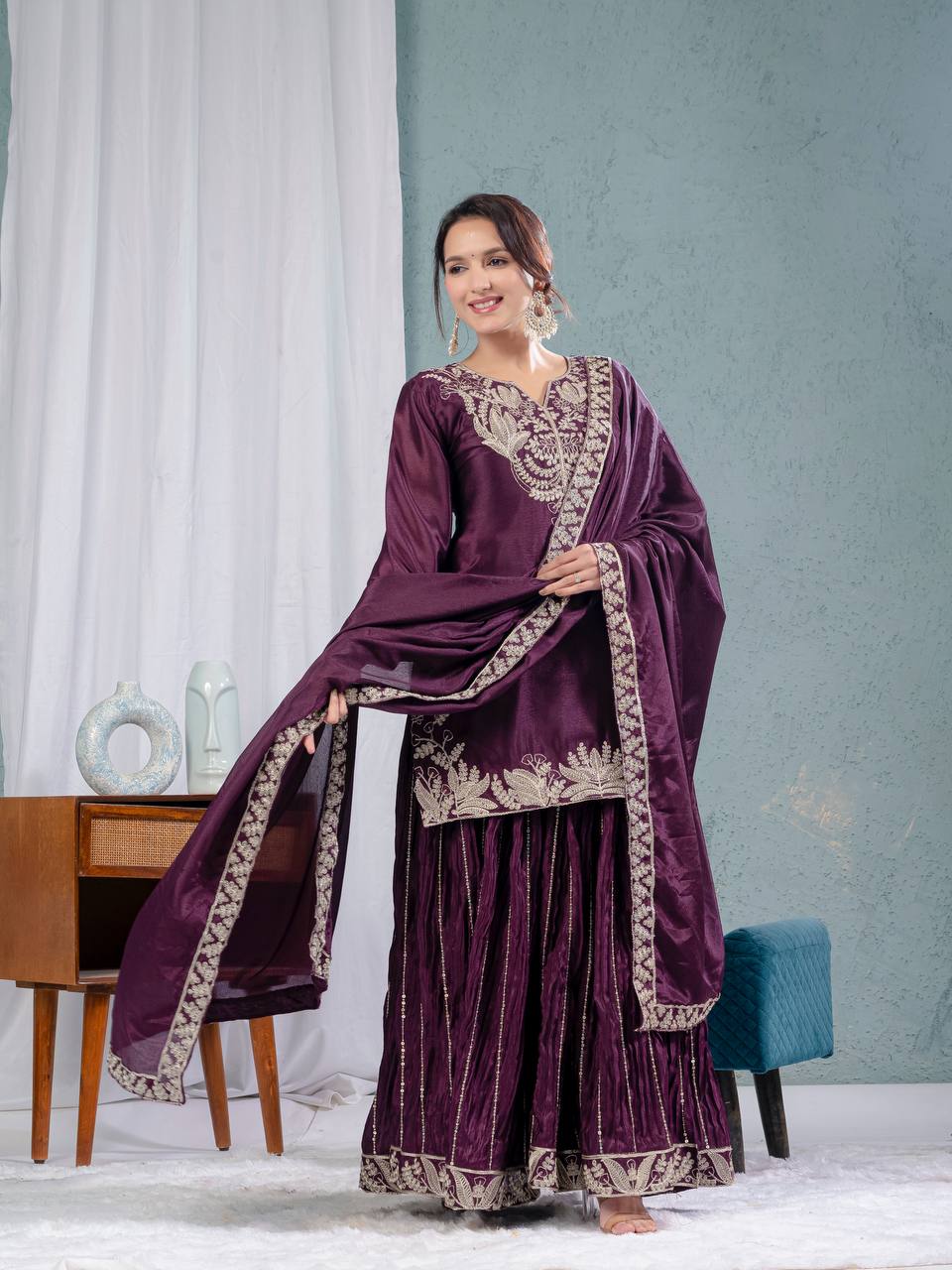 Chinnon silk kurta sharara set for women for wedding wear