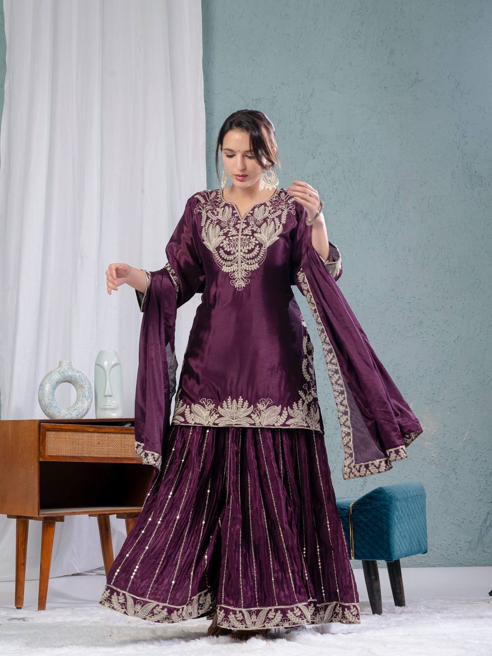 Chinnon silk kurta sharara set for women for wedding wear