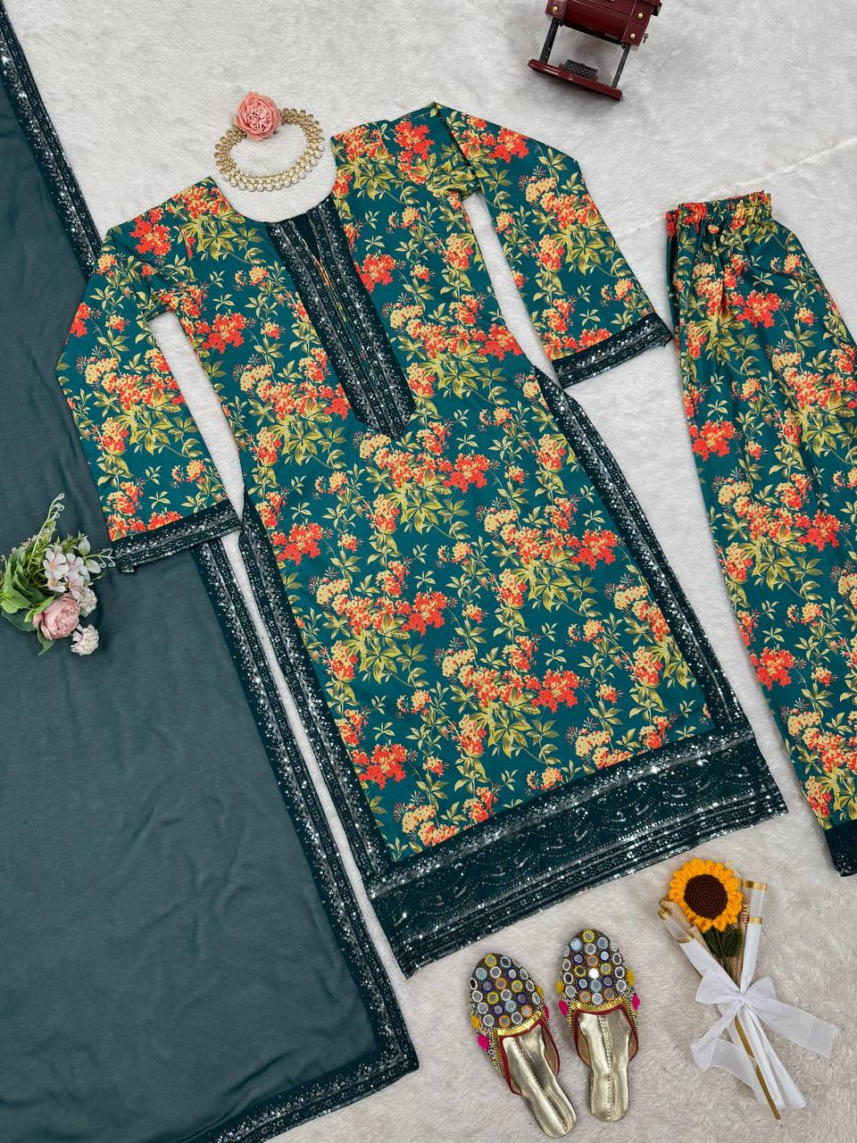 French silk digital print kurta sets