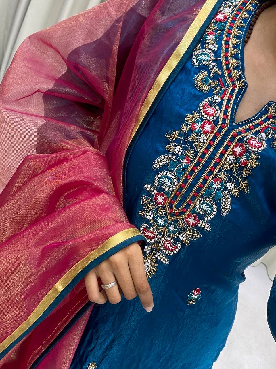 Silk kurta pant with net dupatta sets