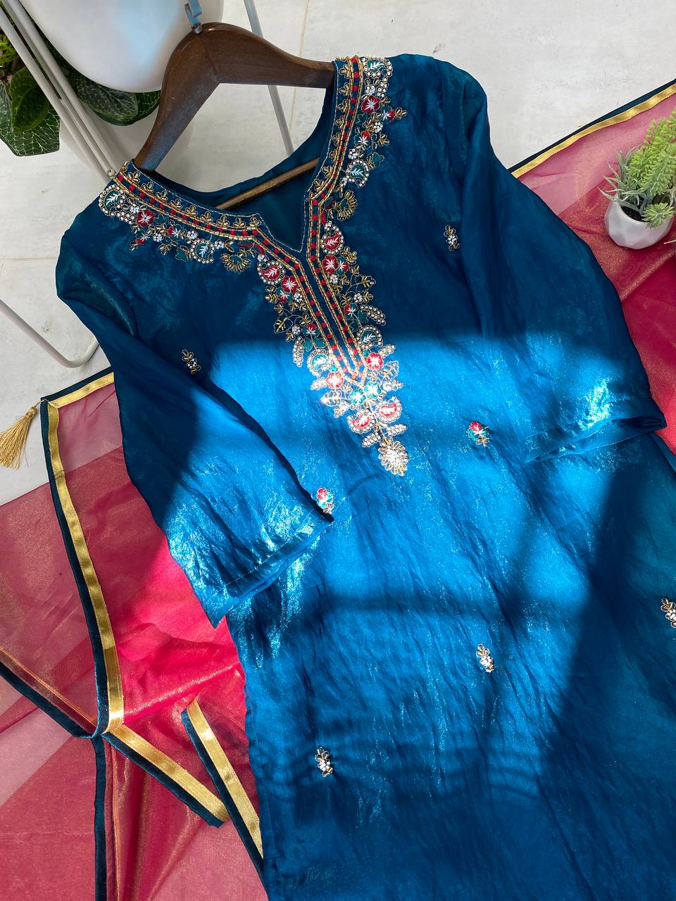 Silk kurta pant with net dupatta sets