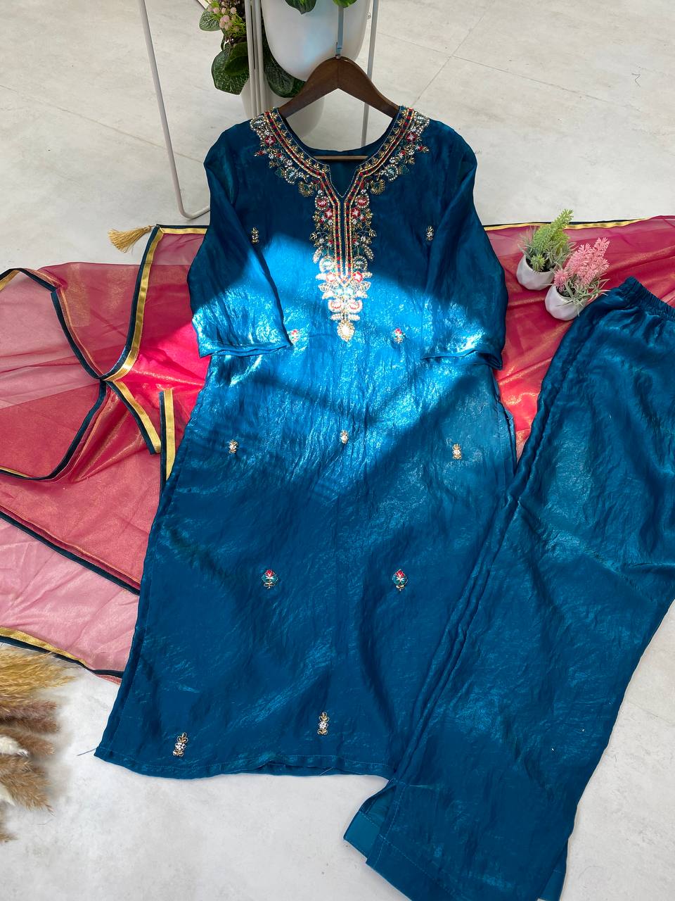 Silk kurta pant with net dupatta sets