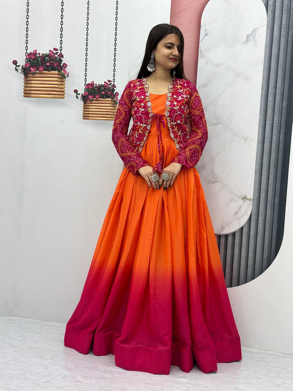 Designer silk gown with bandhej jacket for wedding wear
