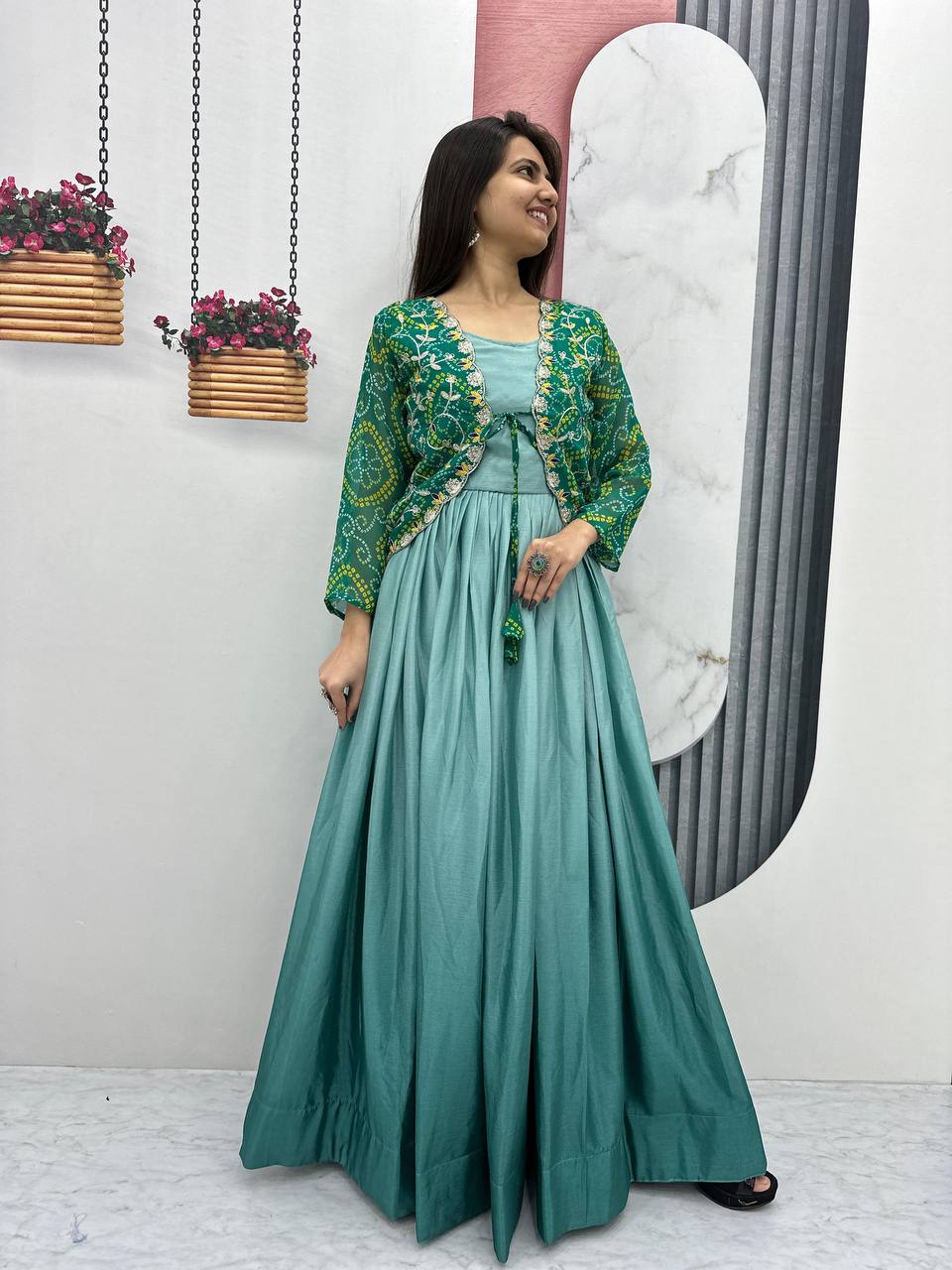 Designer silk gown with bandhej jacket for wedding wear