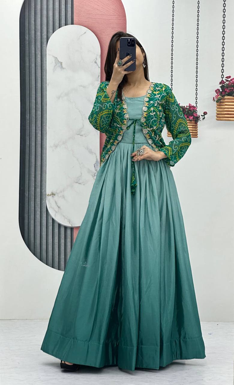 Designer silk gown with bandhej jacket for wedding wear