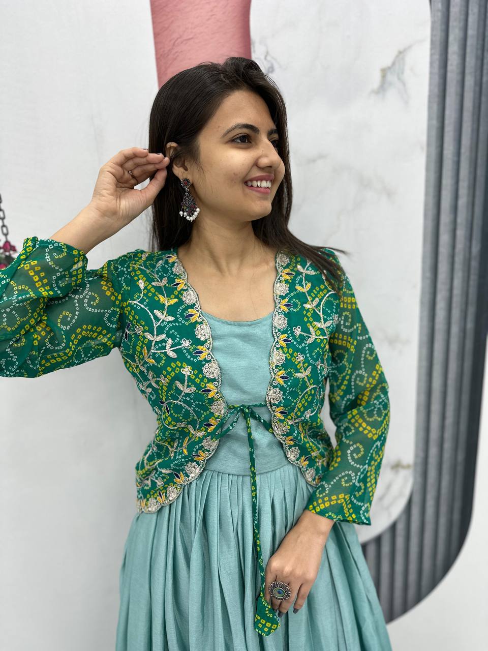 Designer silk gown with bandhej jacket for wedding wear