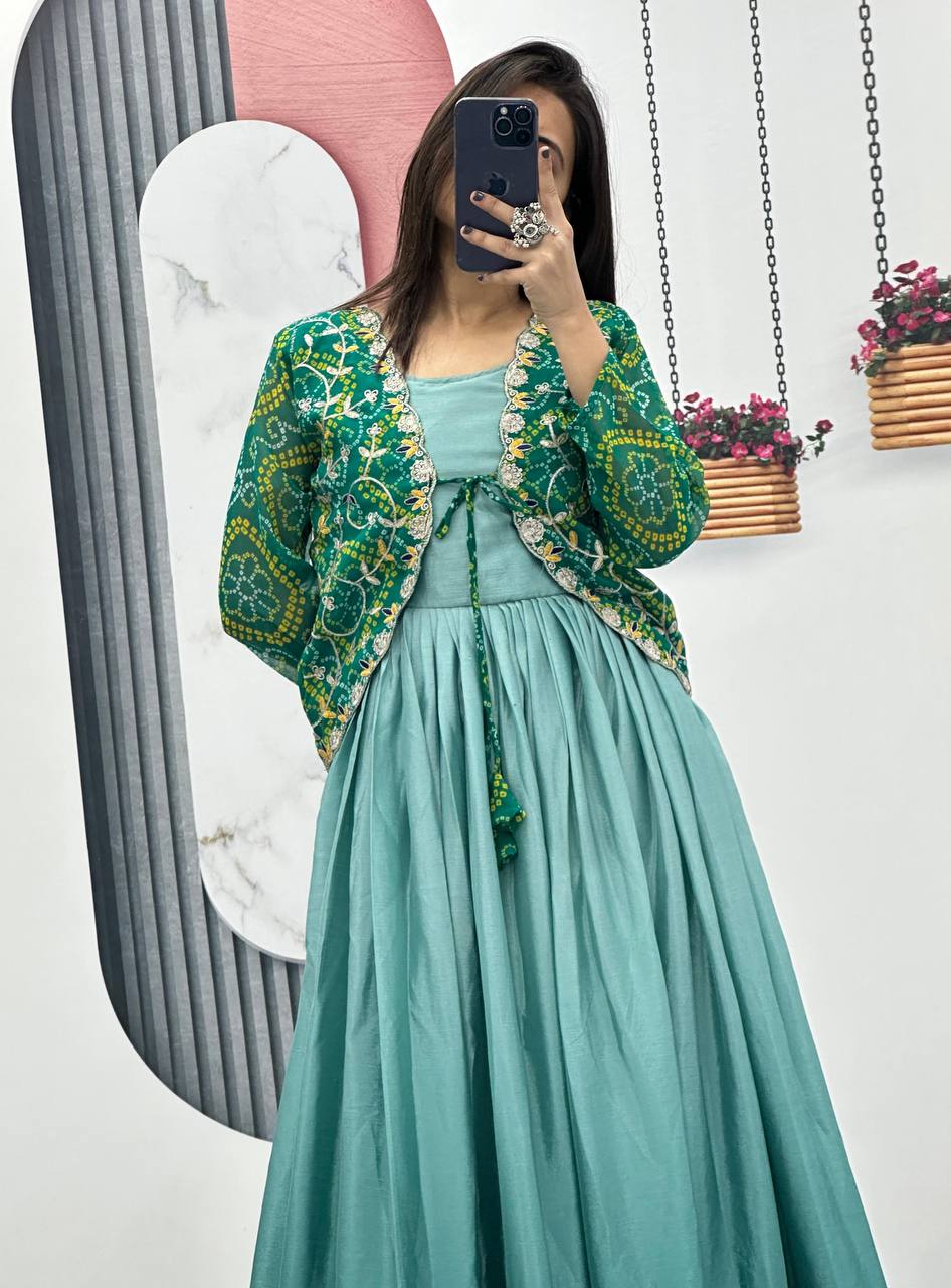 Designer silk gown with bandhej jacket for wedding wear