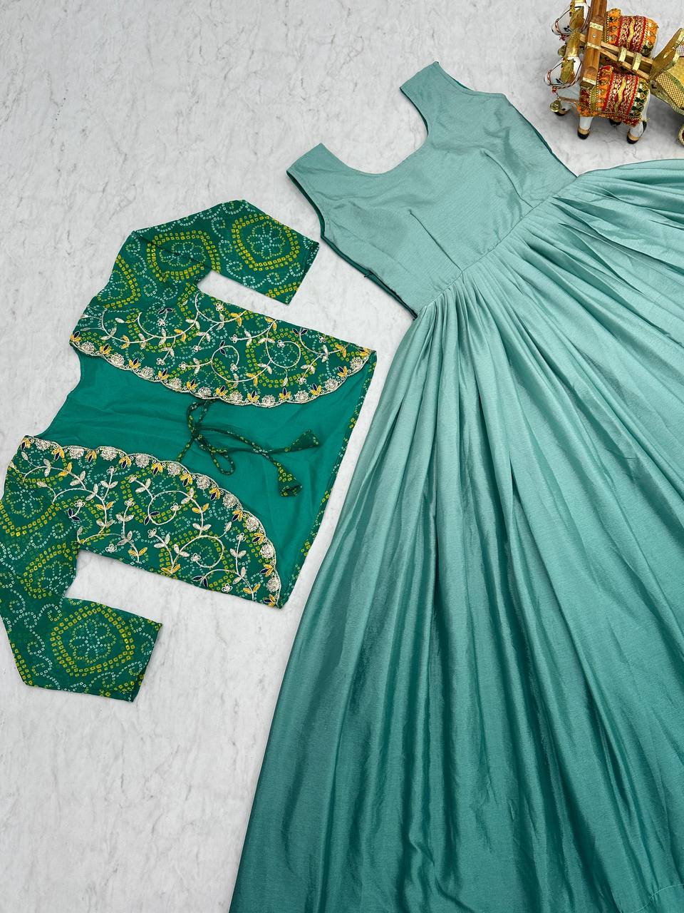 Designer silk gown with bandhej jacket for wedding wear