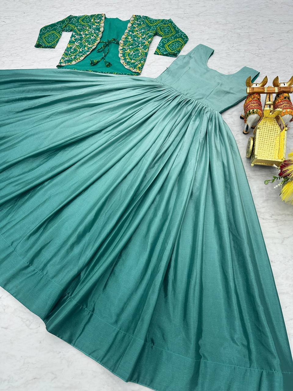 Designer silk gown with bandhej jacket for wedding wear