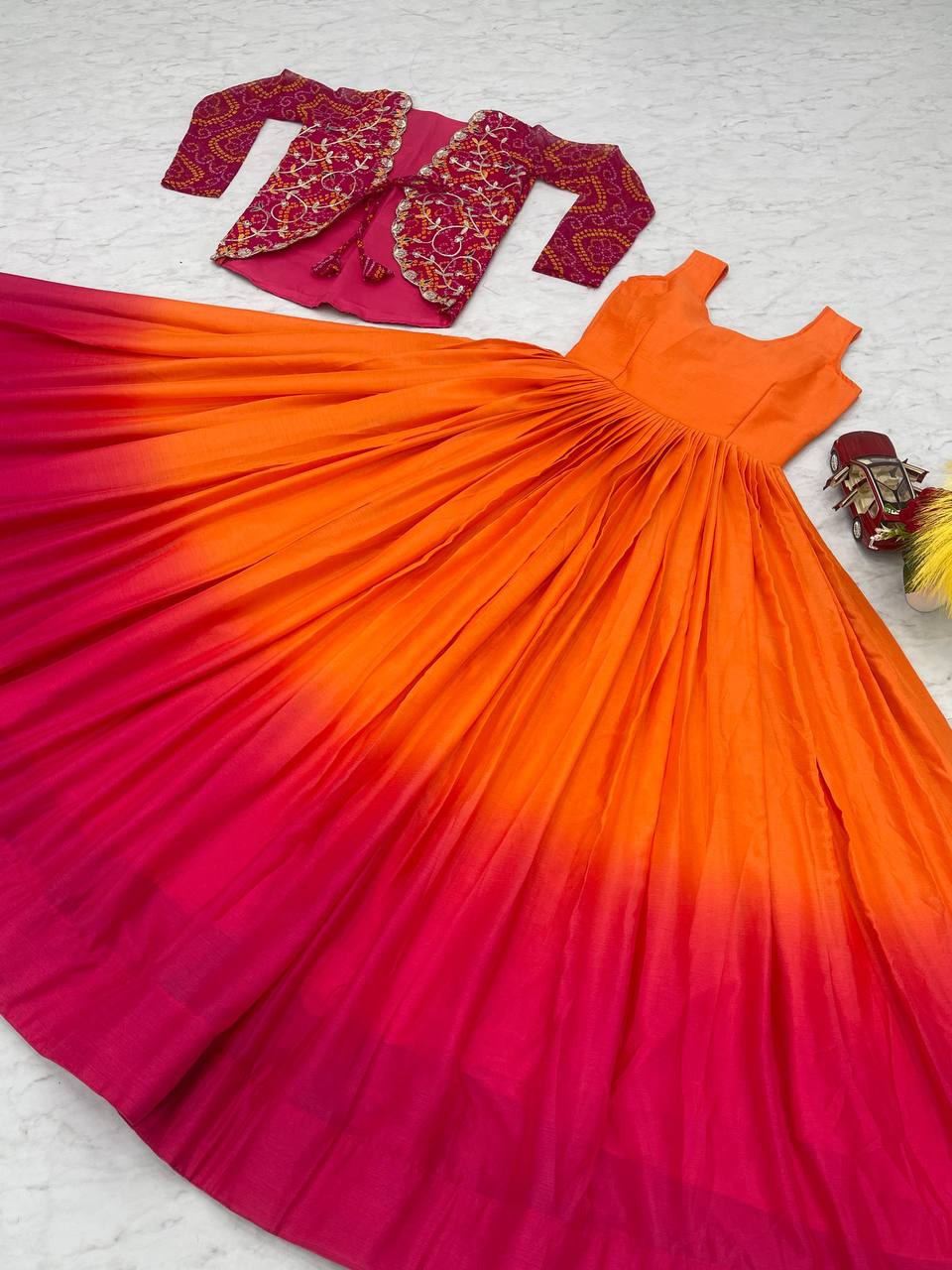 Designer silk gown with bandhej jacket for wedding wear