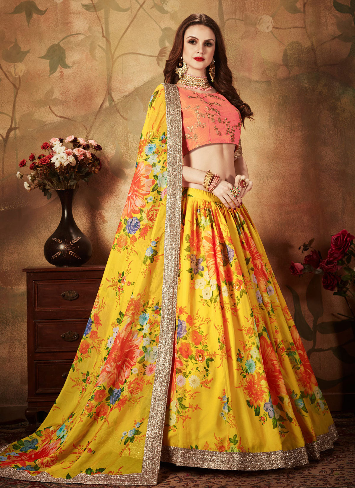Mustard Organza Digital Print Work Designer Lehenga Choli