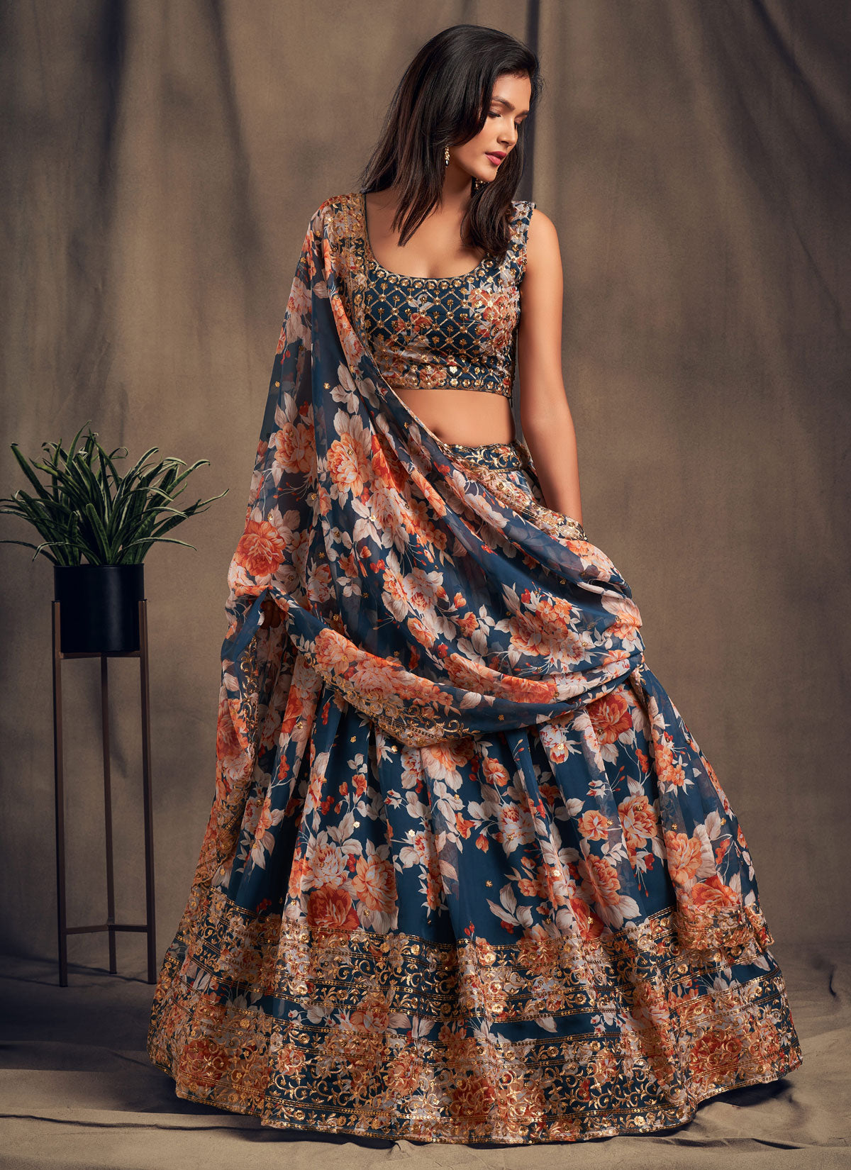 Organza Trendy Lehenga Choli With Resham Work In Navy Blue