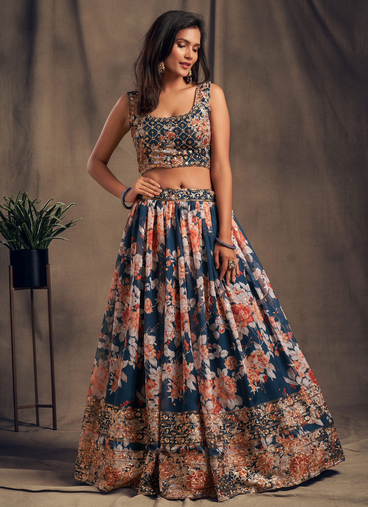 Organza Trendy Lehenga Choli With Resham Work In Navy Blue