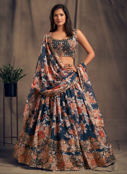 Organza Trendy Lehenga Choli With Resham Work In Navy Blue