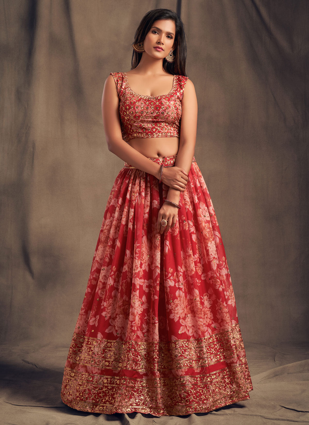 Digital Print Work Organza Designer Lehenga Choli In Red