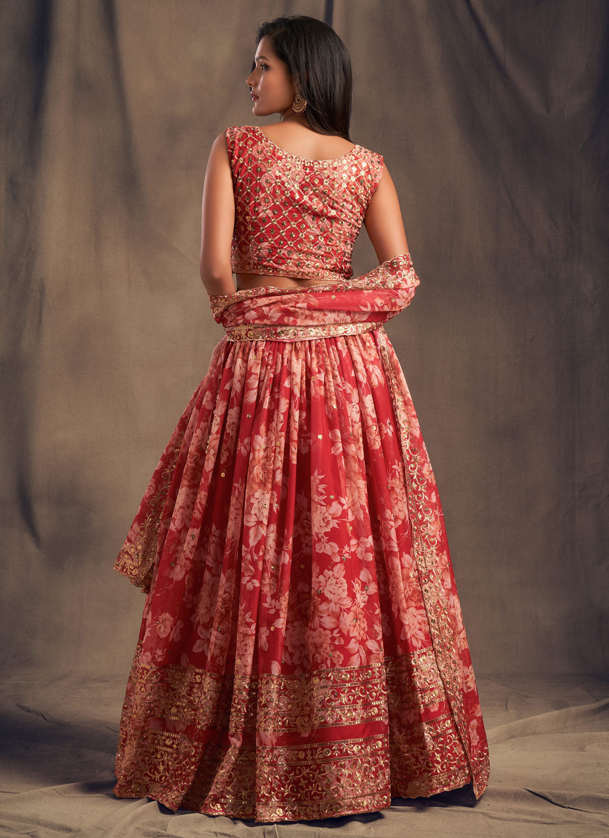 Digital Print Work Organza Designer Lehenga Choli In Red