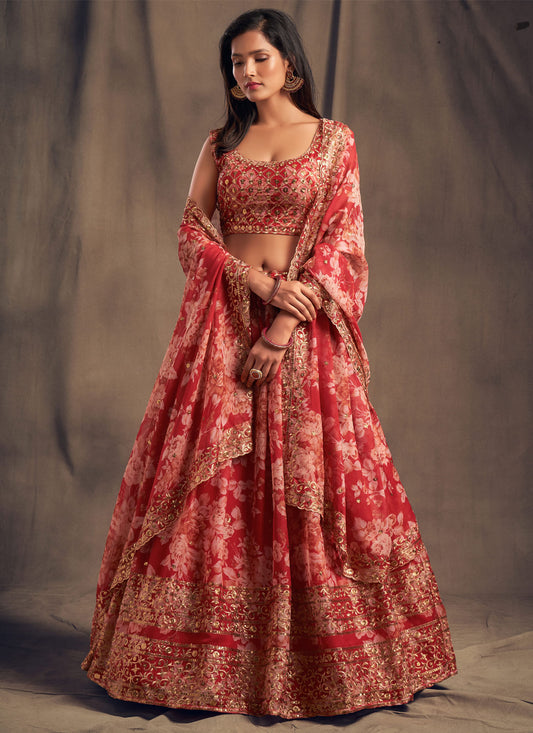 Digital Print Work Organza Designer Lehenga Choli In Red