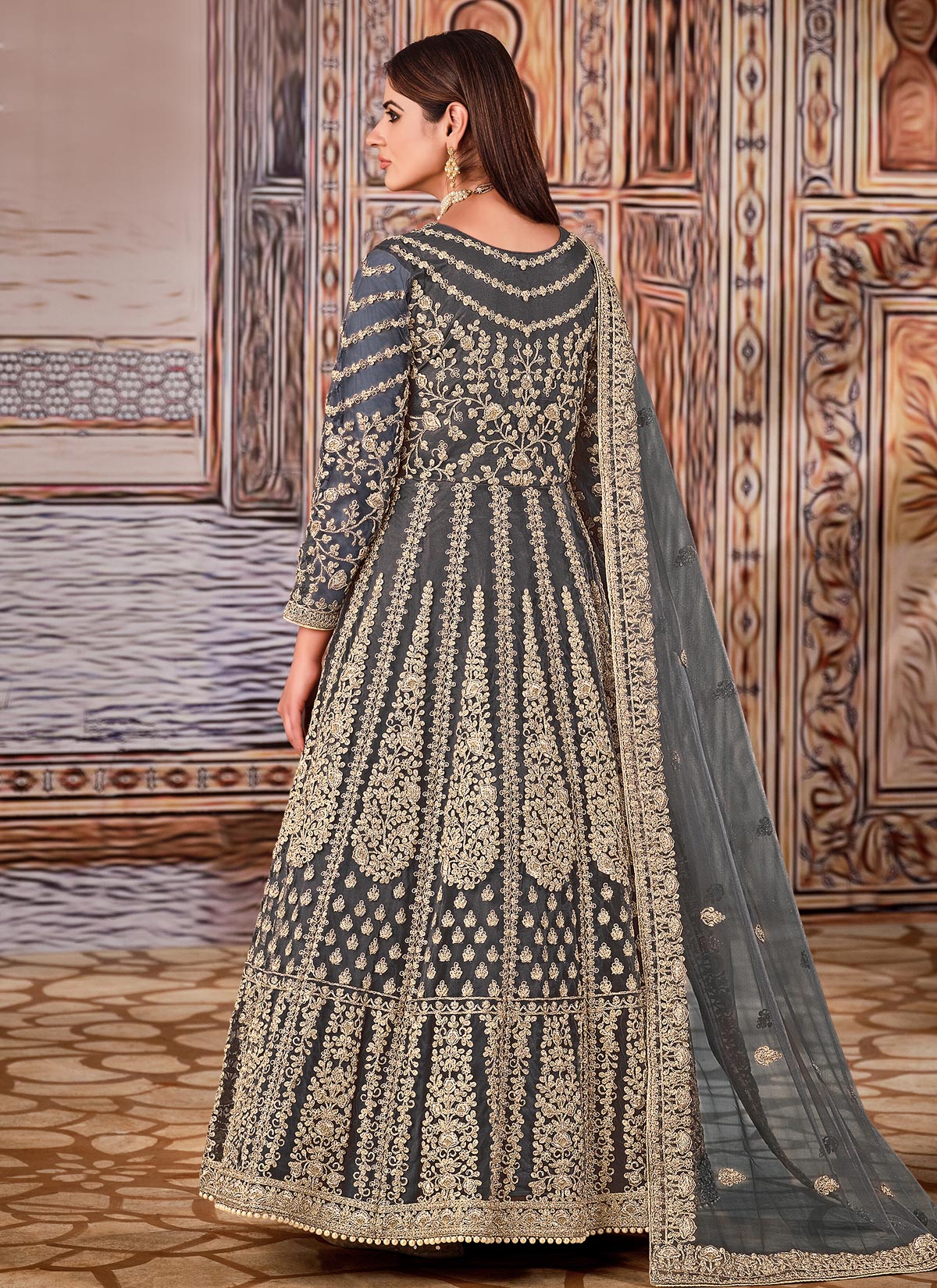 Grey Net Anarkali Suit With Embroidered Work For Party