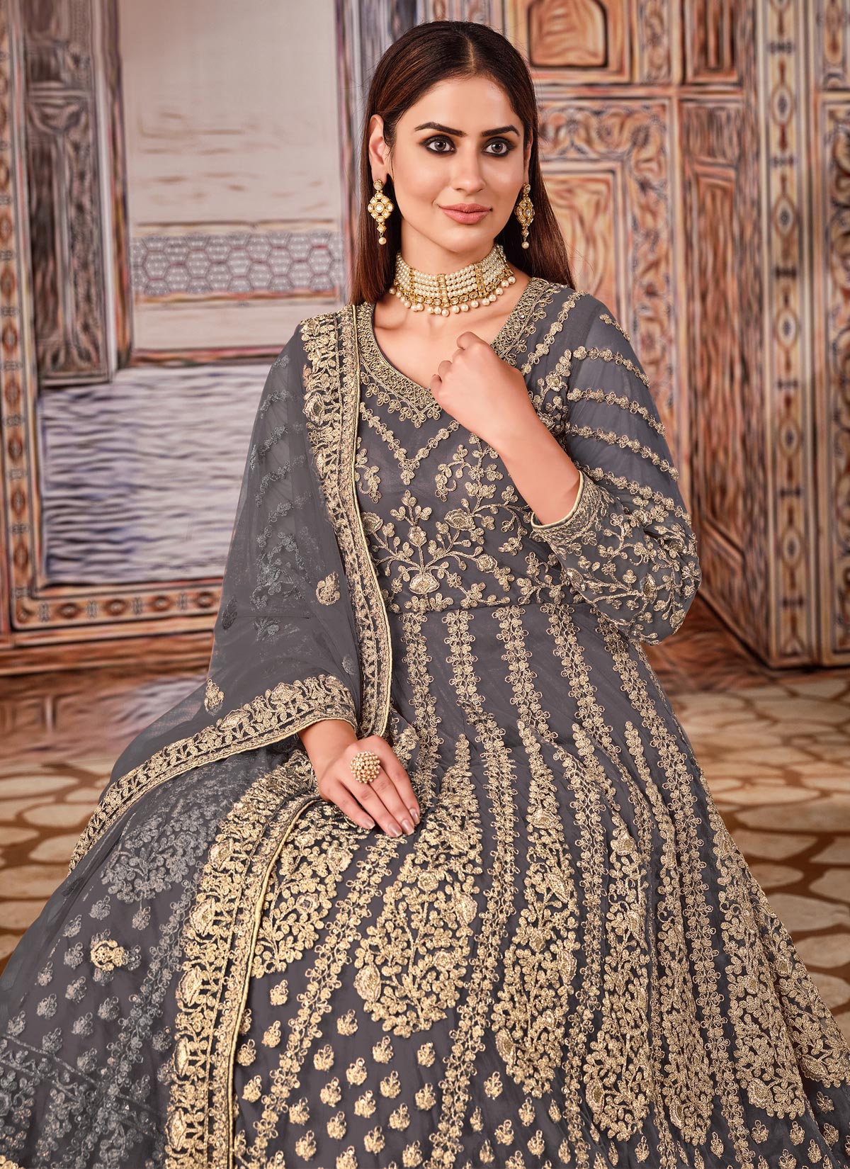 Grey Net Anarkali Suit With Embroidered Work For Party