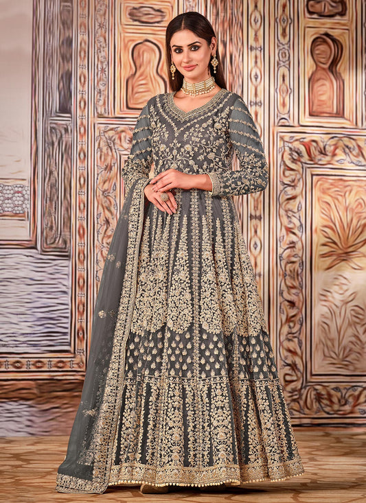 Grey Net Anarkali Suit With Embroidered Work For Party