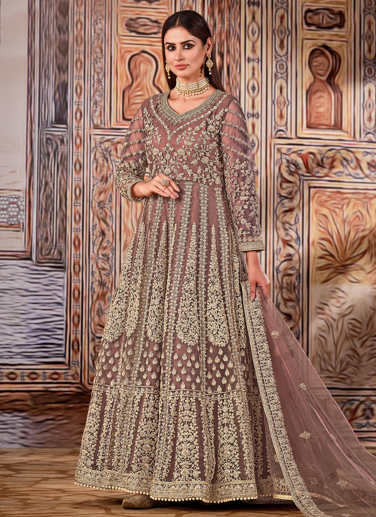 Embroidered Work Net Anarkali Suit In Brown For Women