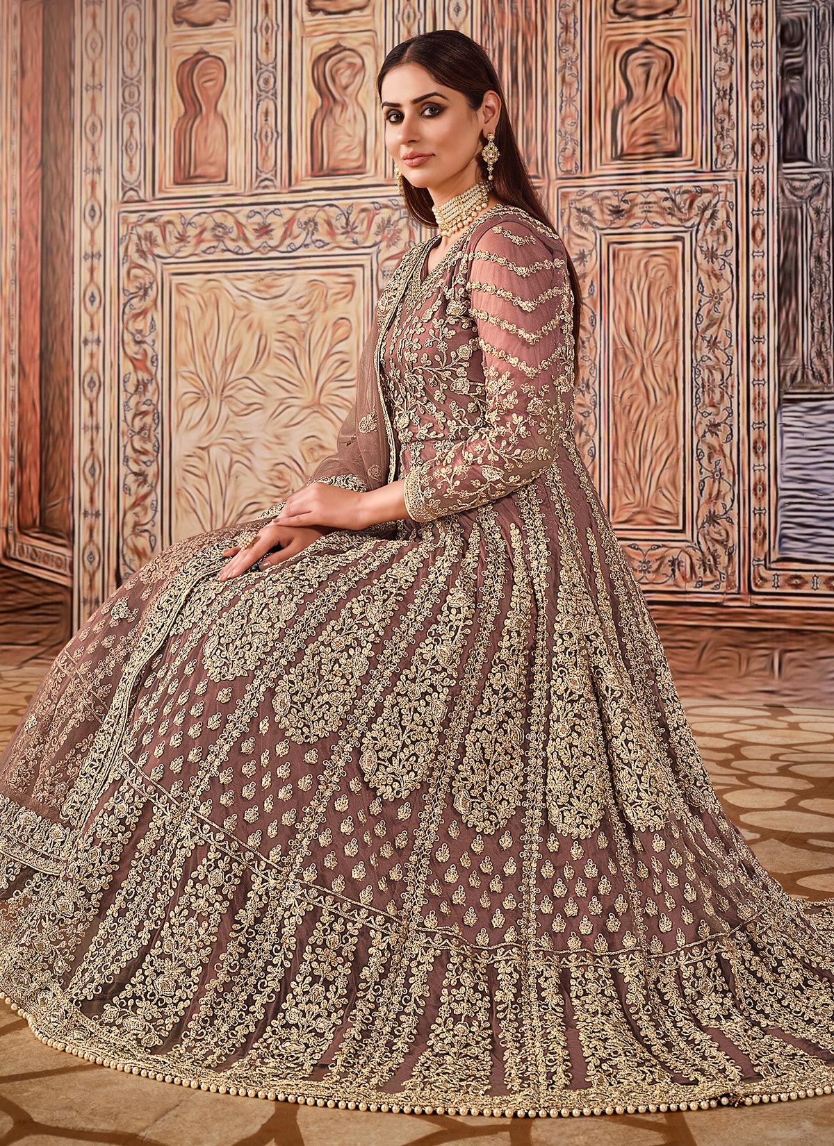 Embroidered Work Net Anarkali Suit In Brown For Women