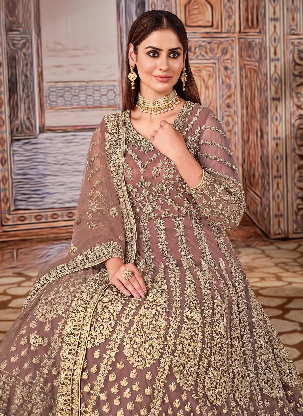 Embroidered Work Net Anarkali Suit In Brown For Women