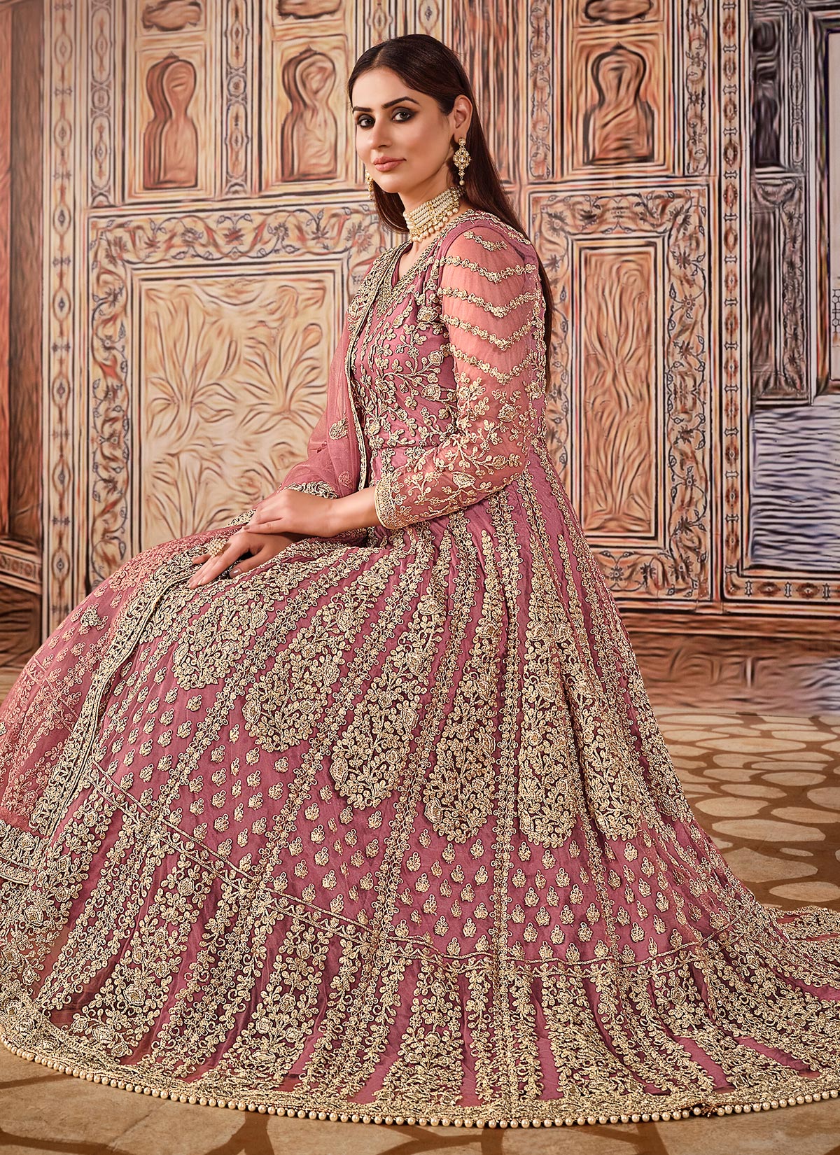 Net Anarkali Suit In Pink With Embroidered Work For Women