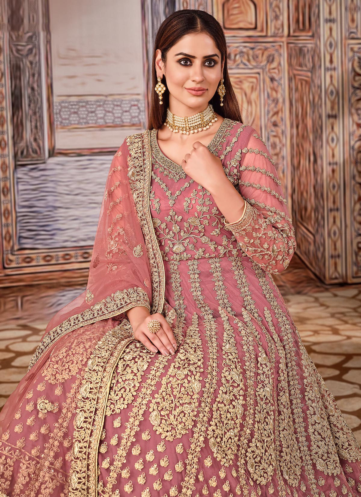 Net Anarkali Suit In Pink With Embroidered Work For Women