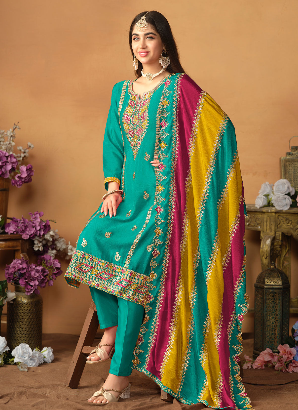 Resham Work Chinon Silk Straight Suit In Turquoise For Festival