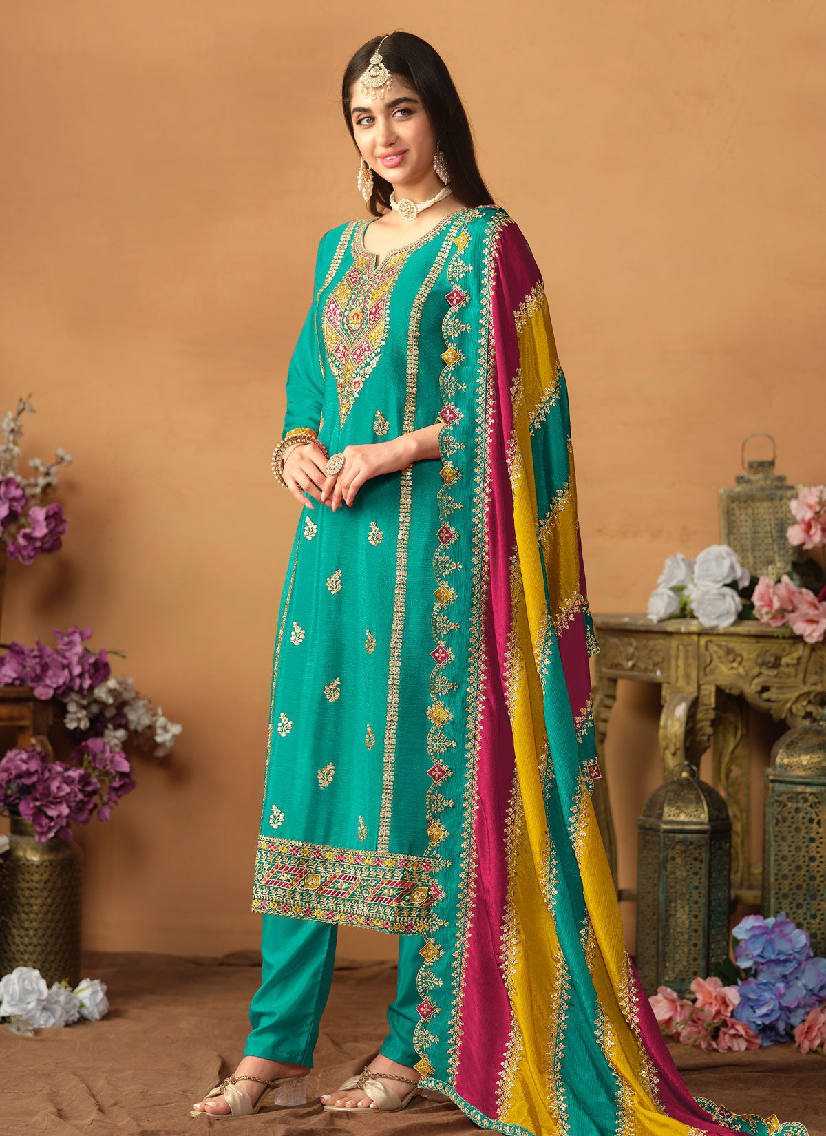 Resham Work Chinon Silk Straight Suit In Turquoise For Festival