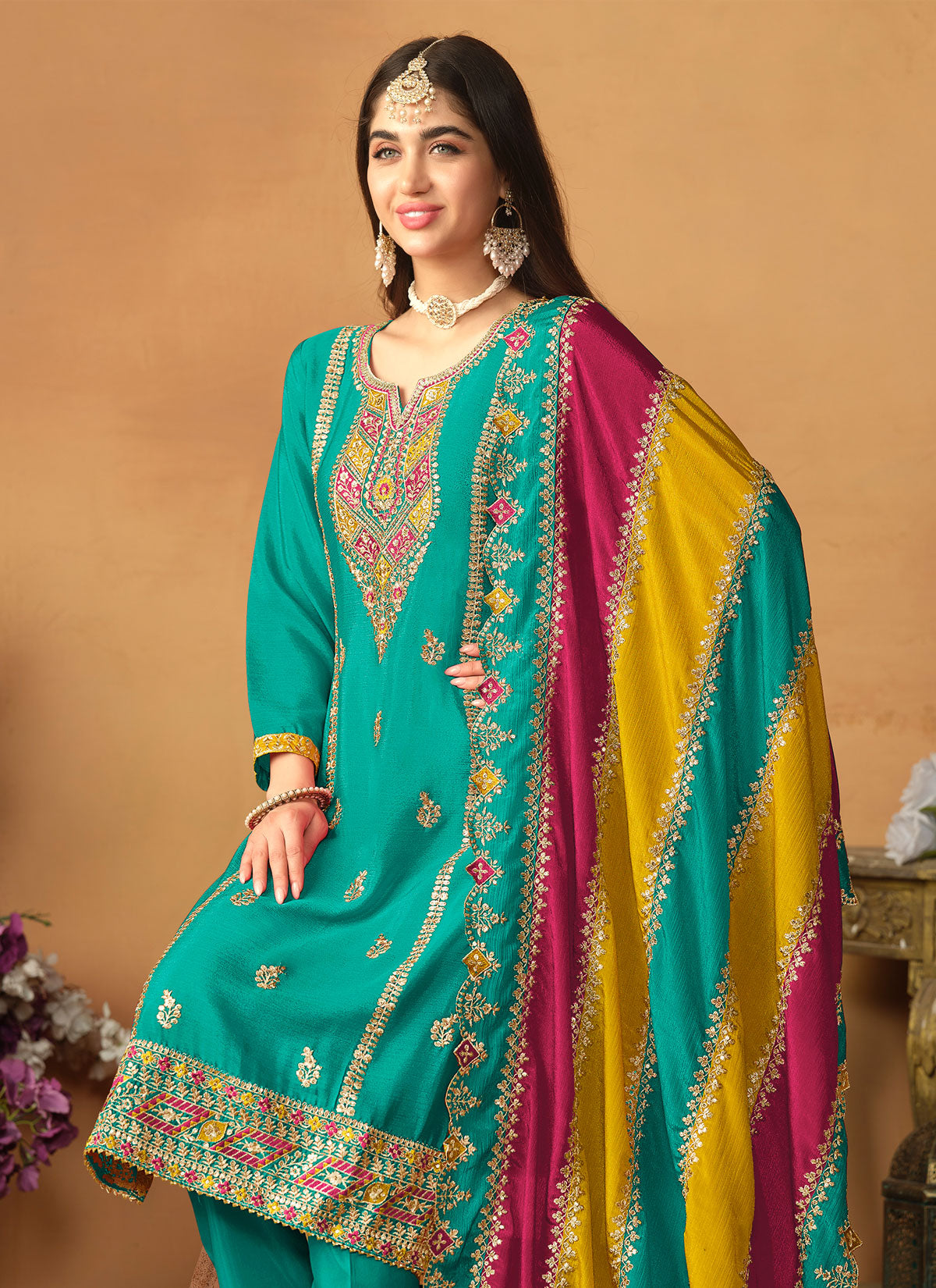 Resham Work Chinon Silk Straight Suit In Turquoise For Festival