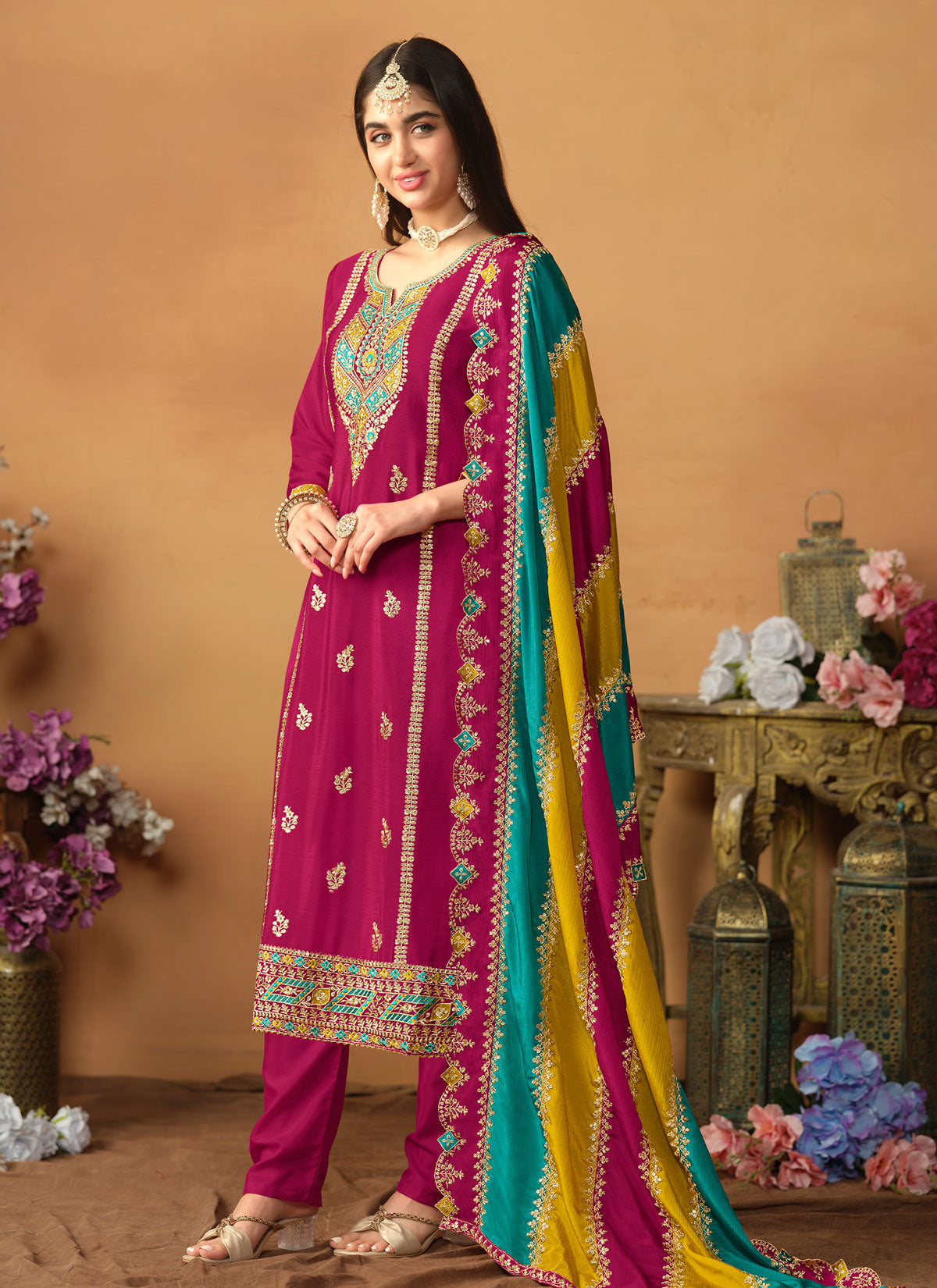 Rose Pink Chino Silk Straight Suit With Sequins Work For Festival