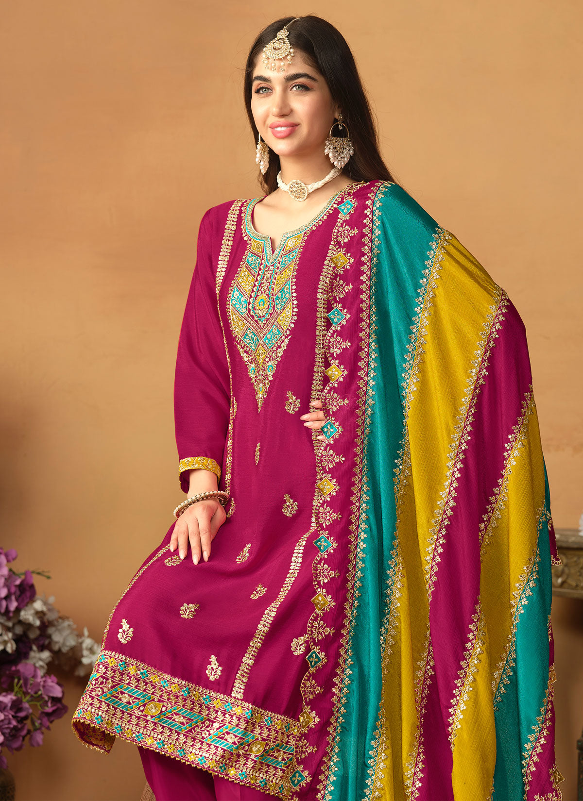 Rose Pink Chino Silk Straight Suit With Sequins Work For Festival